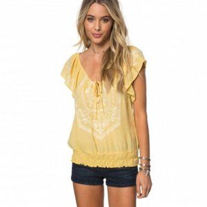O’NEILL Anya Top Golden Yellow with White Embroidery front keyhole with ties
